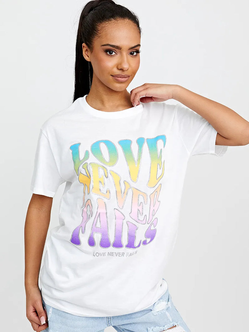 White Love Never Fails Graphic Printed Oversized T-Shirt 