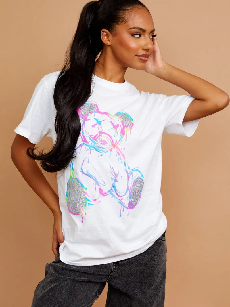 White Multicolour Teddy Bear Graphic Printed Oversized T-Shirt