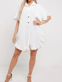 Cream Crinkle Pleated Gold Button Frill Shirt Dress