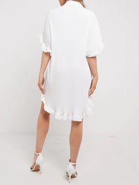 Cream Crinkle Pleated Gold Button Frill Shirt Dress