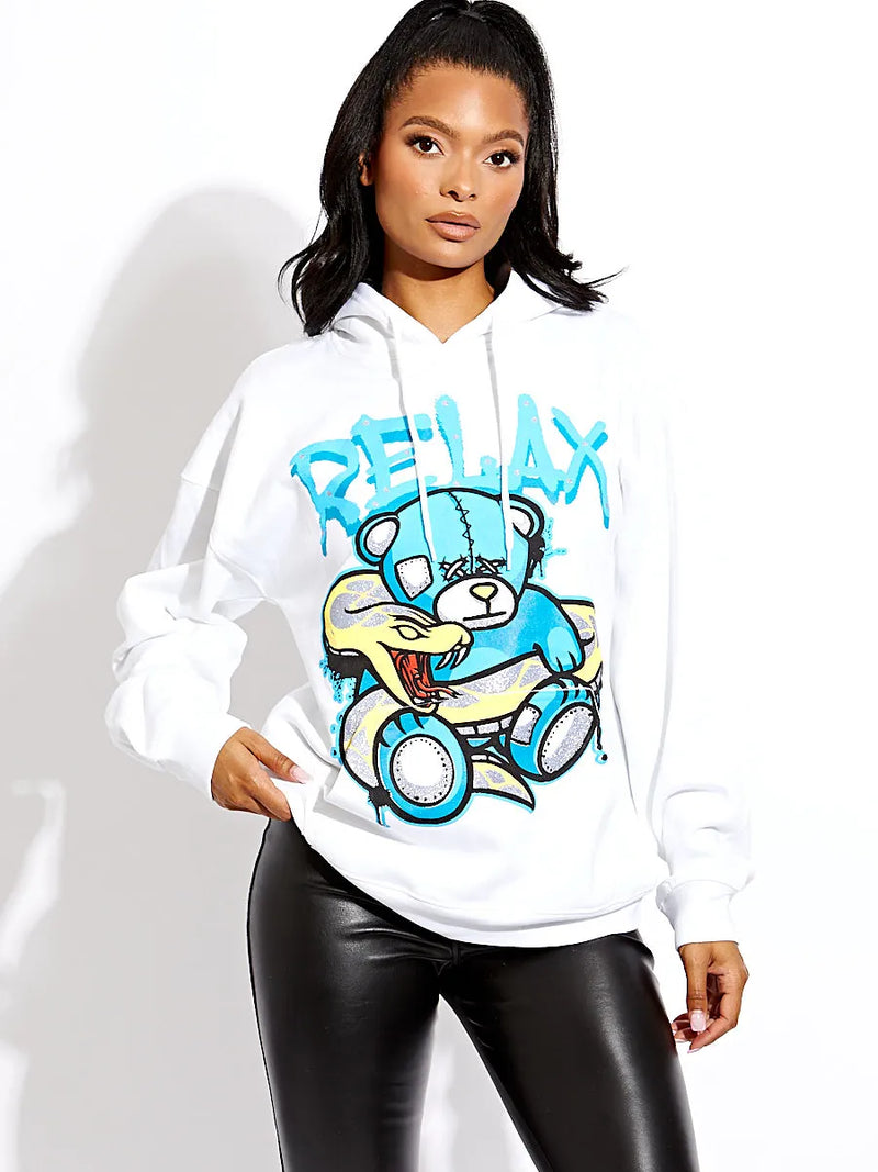 White Relax Snake Teddy Bear Graphic Print Oversized Hoodie