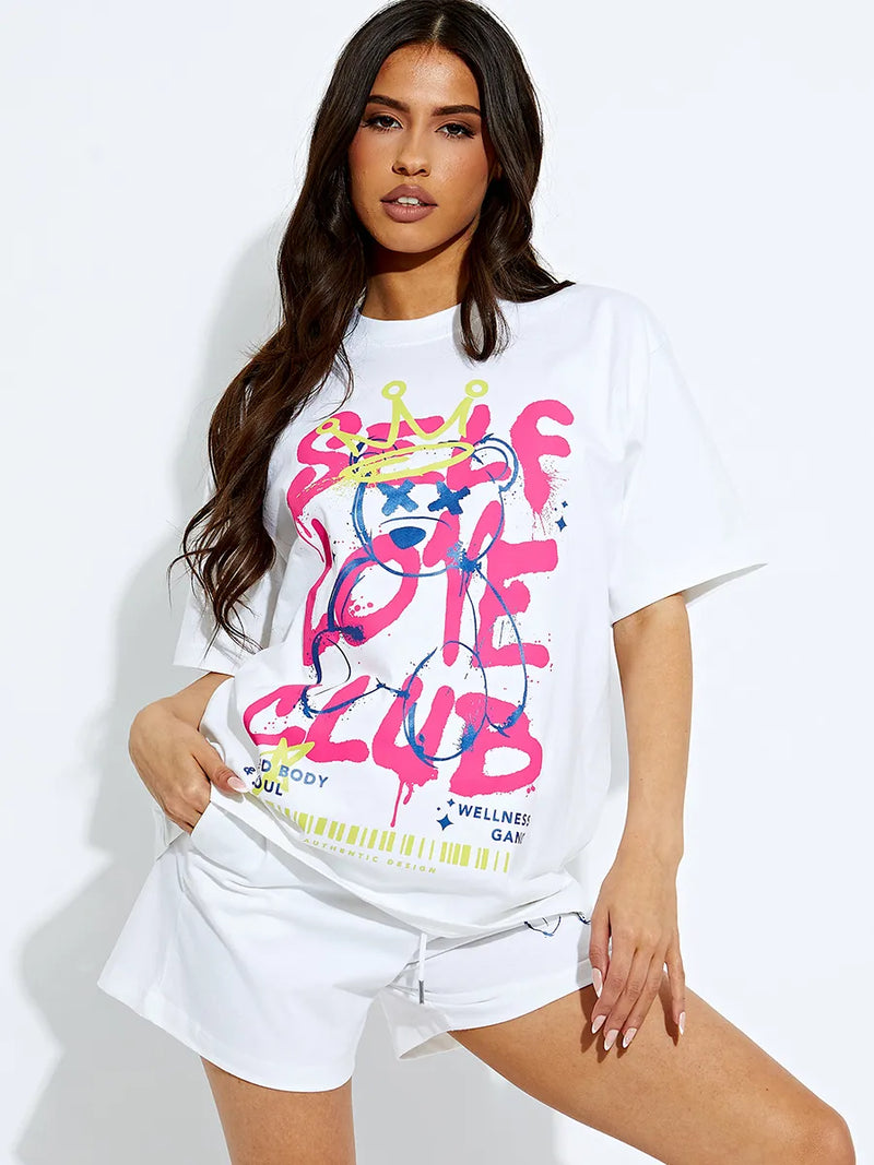 White Self Love Club Oversized T-Shirt & Shorts Co-ord
