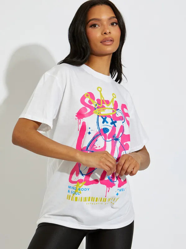 White Self Love Club Teddy Bear Graphic T-Shirt