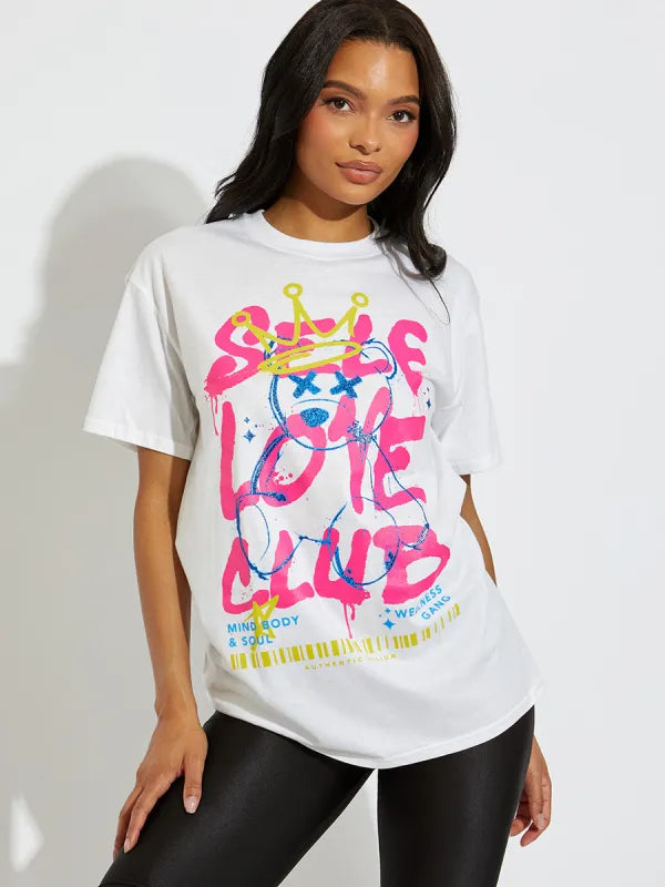 White Self Love Club Teddy Bear Graphic T-Shirt