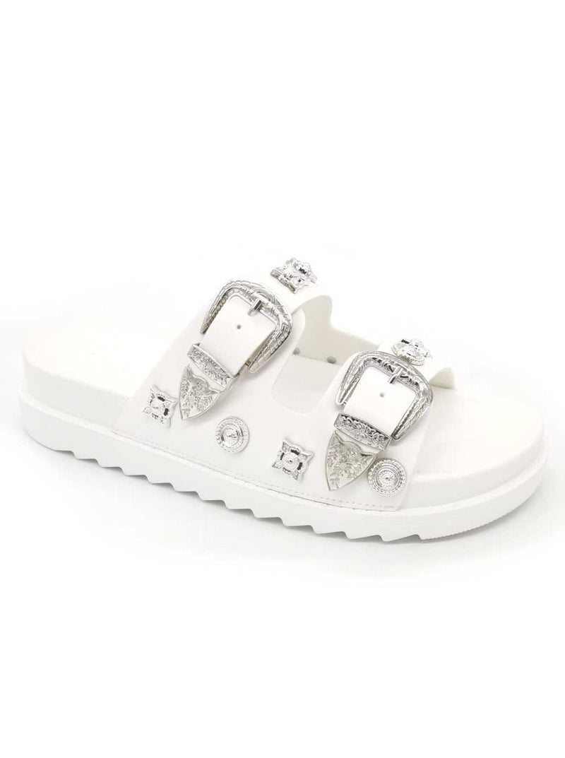 White Chunky Sole Double Buckle Studded Sliders