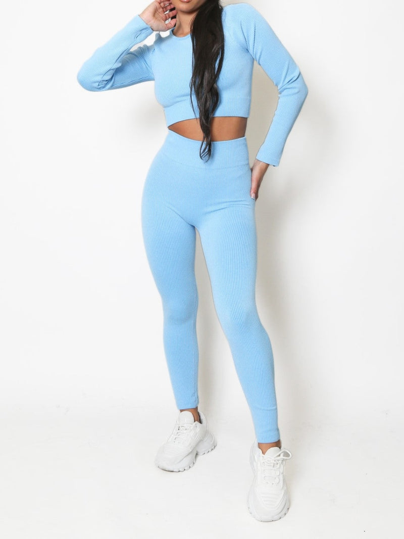 Baby Blue Ribbed Top and High Waisted Leggings Seamless Activewear Set