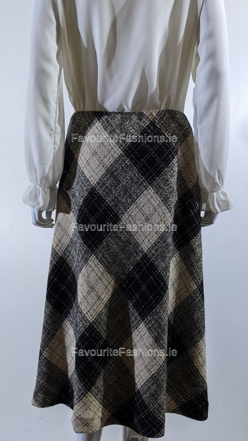 Beige Elasticated Lined A-Line Checked Tartan Warm Skirt