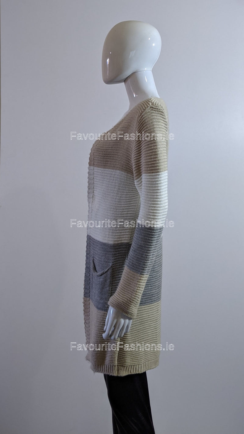 Beige Three Tone Knitted Open Cardigan