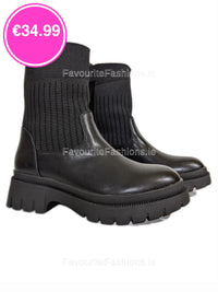 Black Chunky Sock Knit Ankle Boots