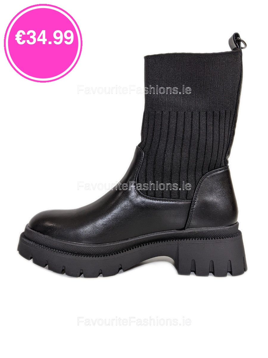 Black Chunky Sock Knit Ankle Boots