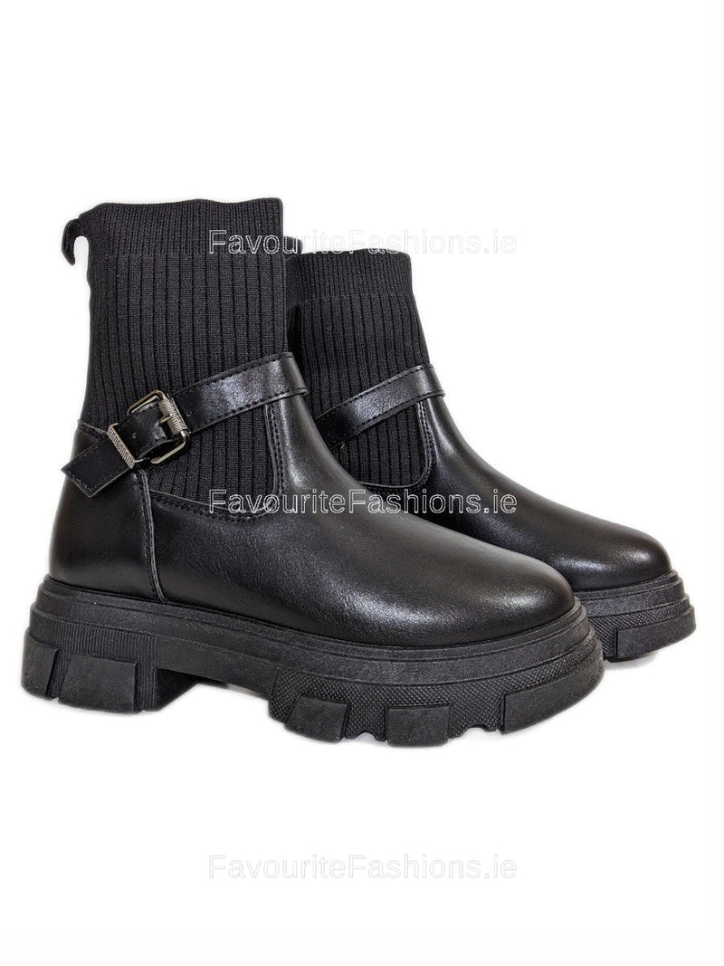 Black Chunky Sole Knit Buckle Biker Ankle Boots
