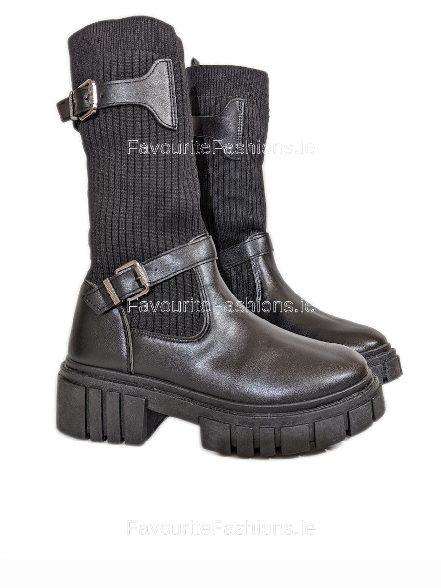 Black Chunky Sole Knit Buckle Calf High Boots