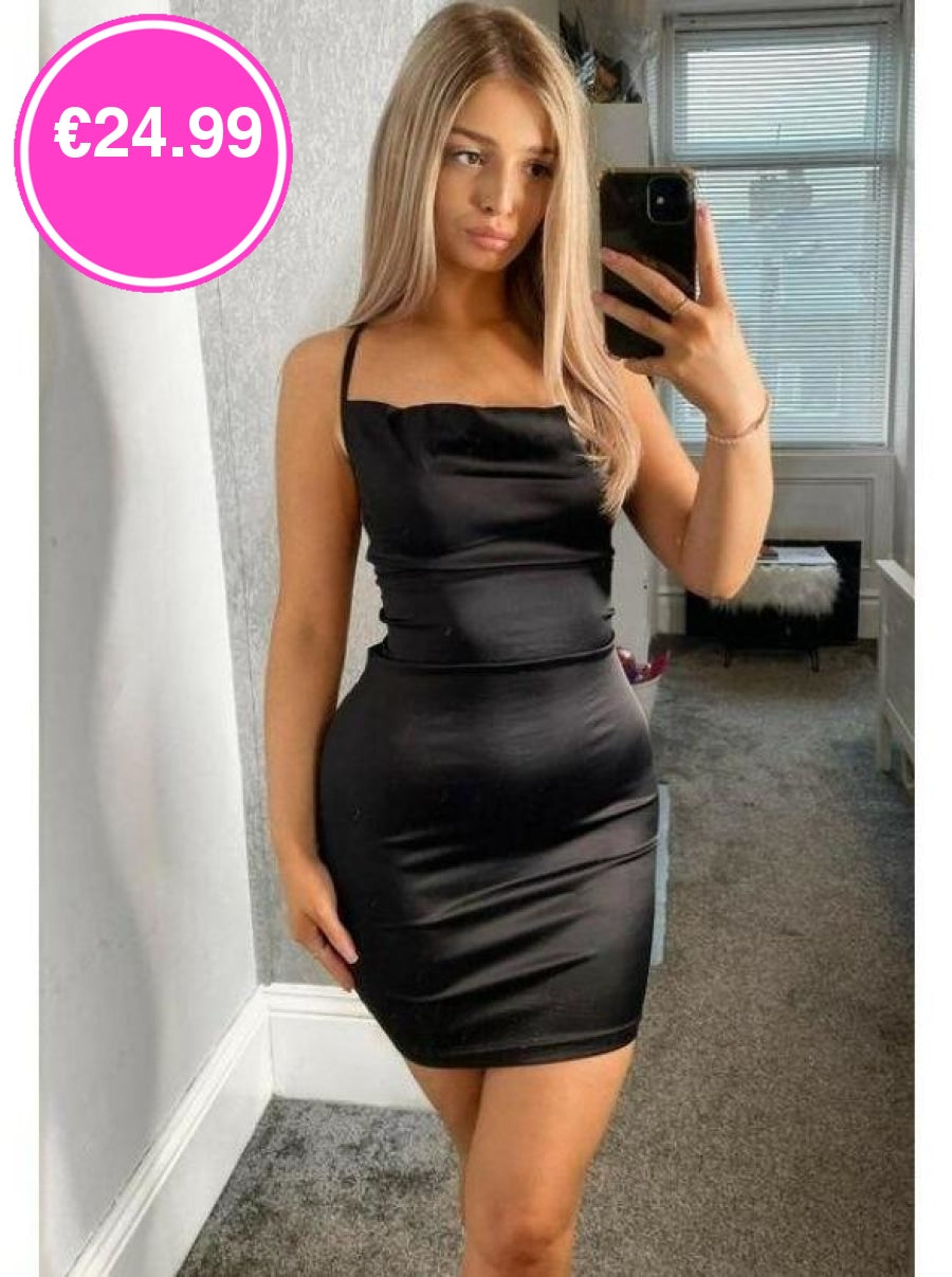 Black Cowl Neck Bodycon Satin Mini Dress FavouriteFashions.ie