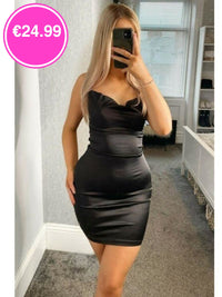 Black Cowl Neck Bodycon Satin Mini Dress