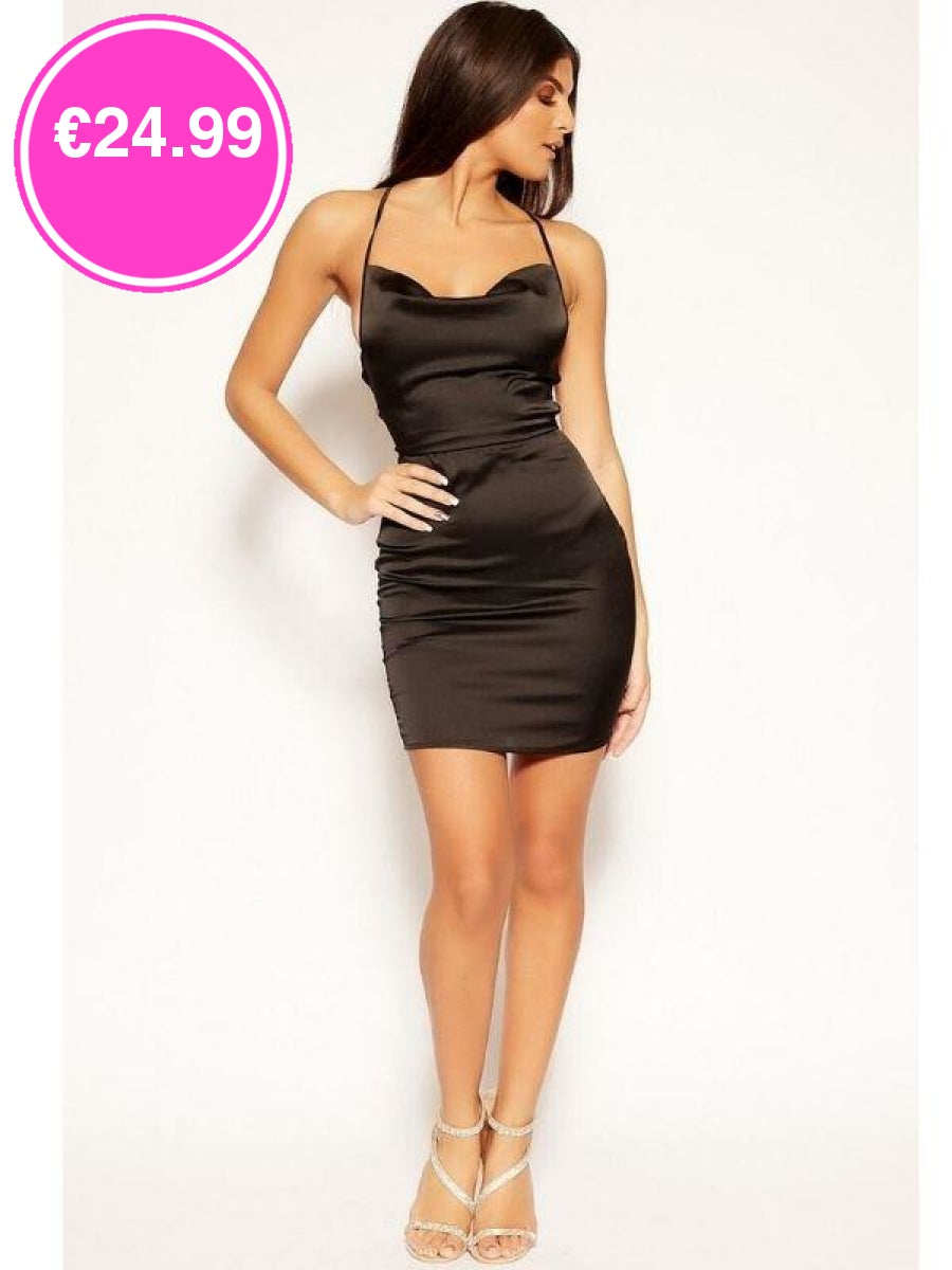 Black Cowl Neck Bodycon Satin Mini Dress