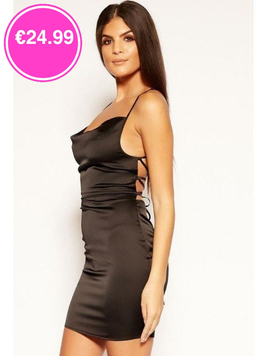 Black Cowl Neck Bodycon Satin Mini Dress