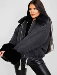 Black Denim Oversized Faux Fur Lined Denim Jacket