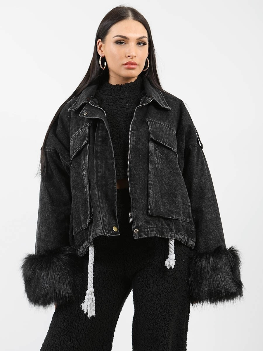 Black Denim Oversized Faux Fur Lined Denim Jacket