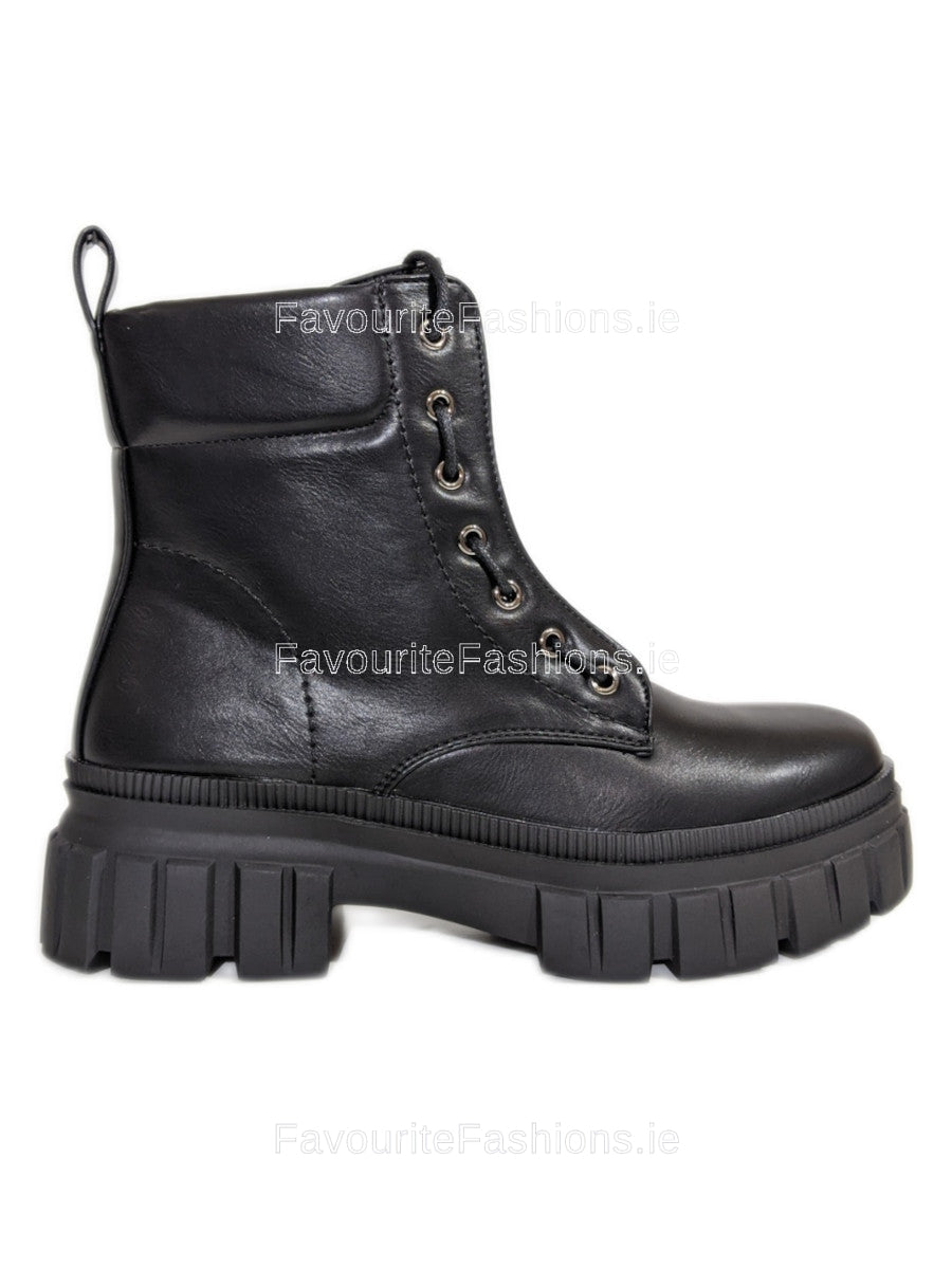 Black Lace Up Chunky Sole Biker Ankle Boots FavouriteFashions.ie