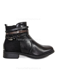 Black Multi Strap Suede Contrast Flat Ankle Boots