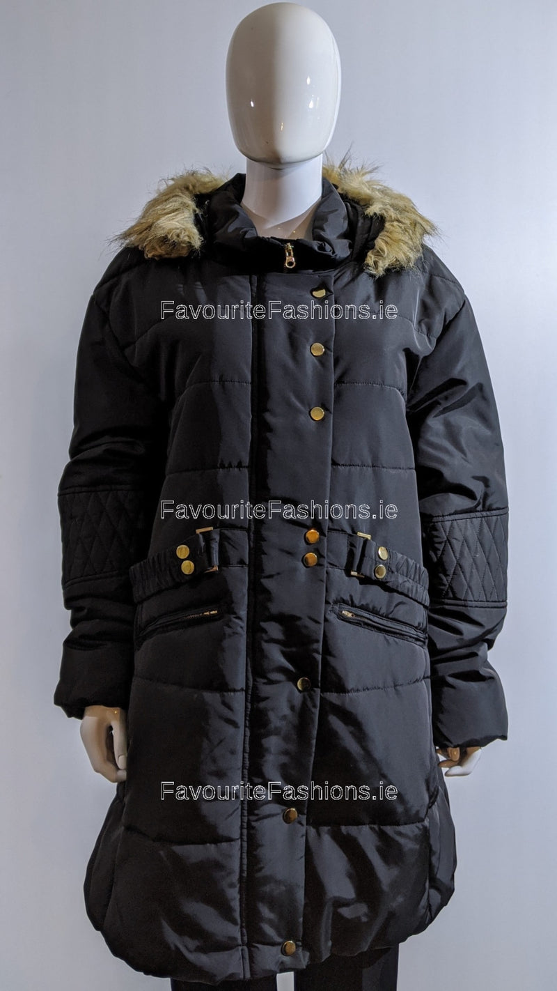 Black Padded Hooded Long Coat