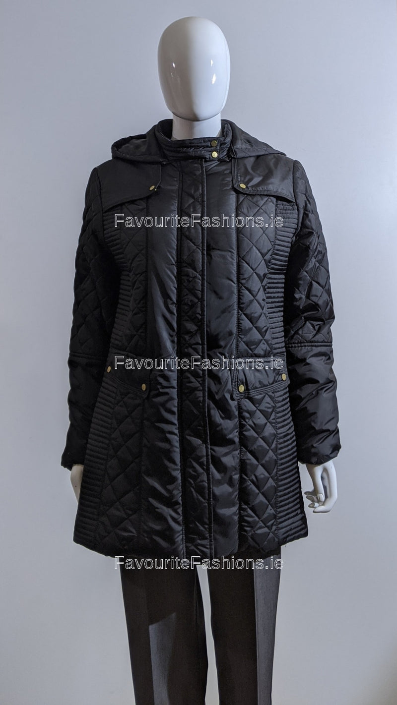 Black Padded Quilted Hooded Long Coat