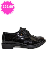 Black Patent Brogue Lace Up Flat Shoes