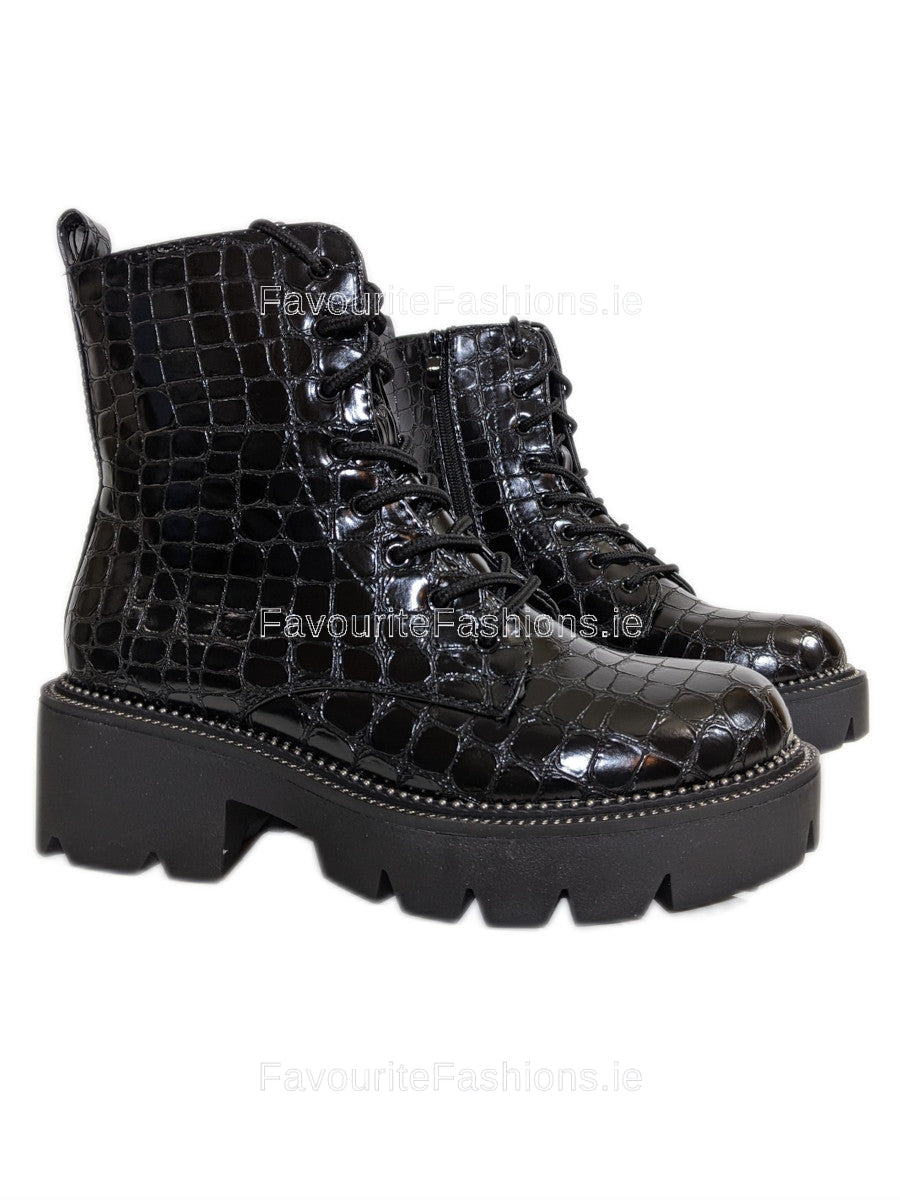 Biker Boots Black Crocodile Lace Up Boots 1851A Black Moc Croc Biker