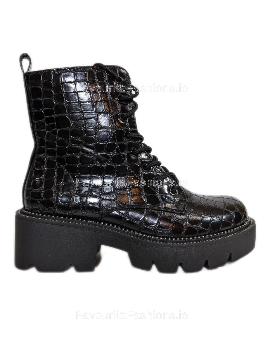 Black Patent Croc Lace Up Chunky Biker Ankle Boots FavouriteFashions.ie