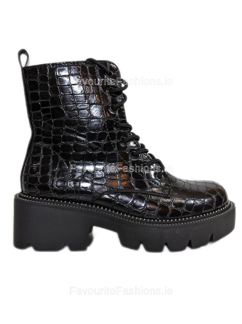 Black Patent Croc Lace Up Chunky Biker Ankle Boots
