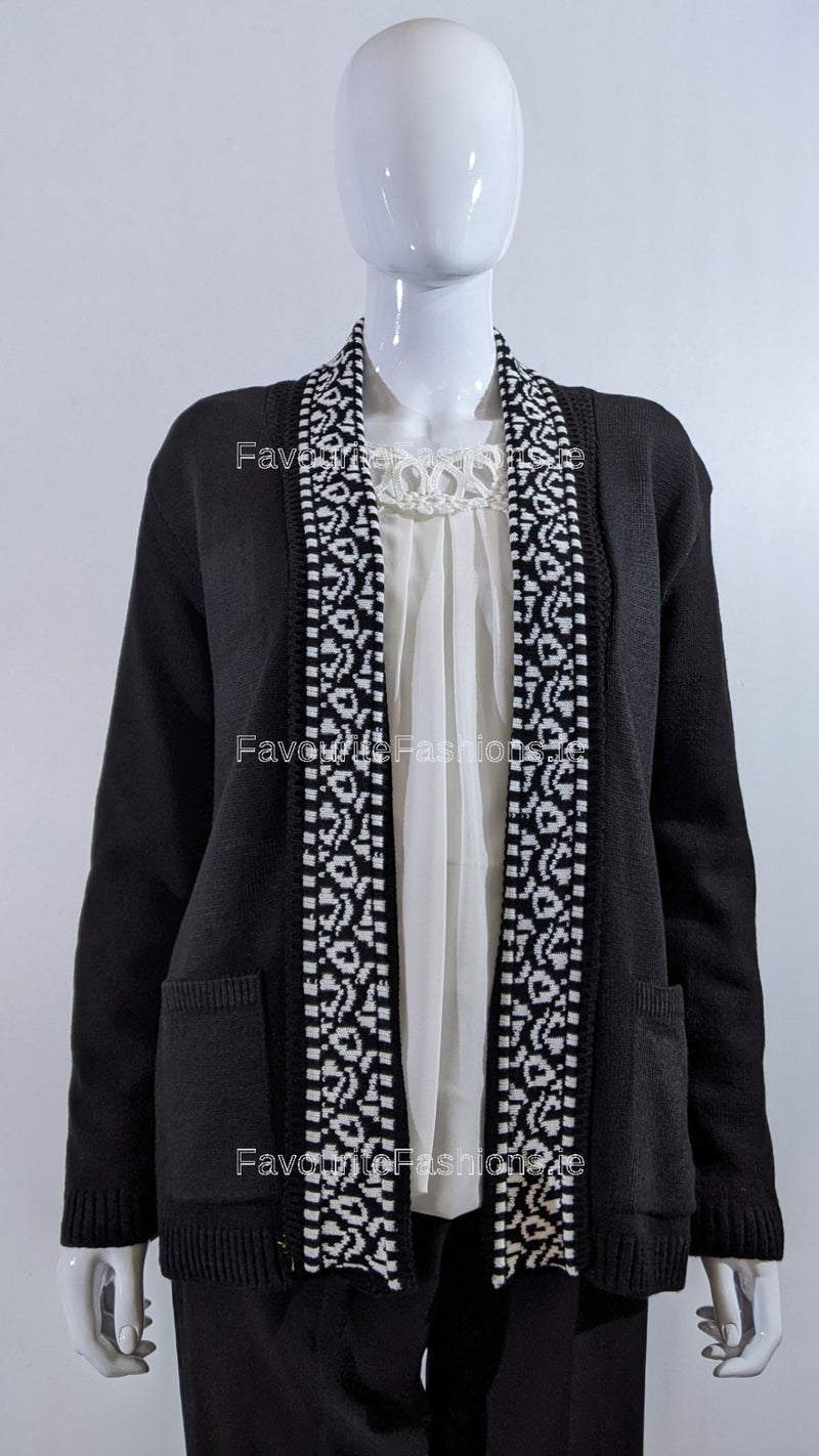 Black Pattern Open Cardigan with Pockets