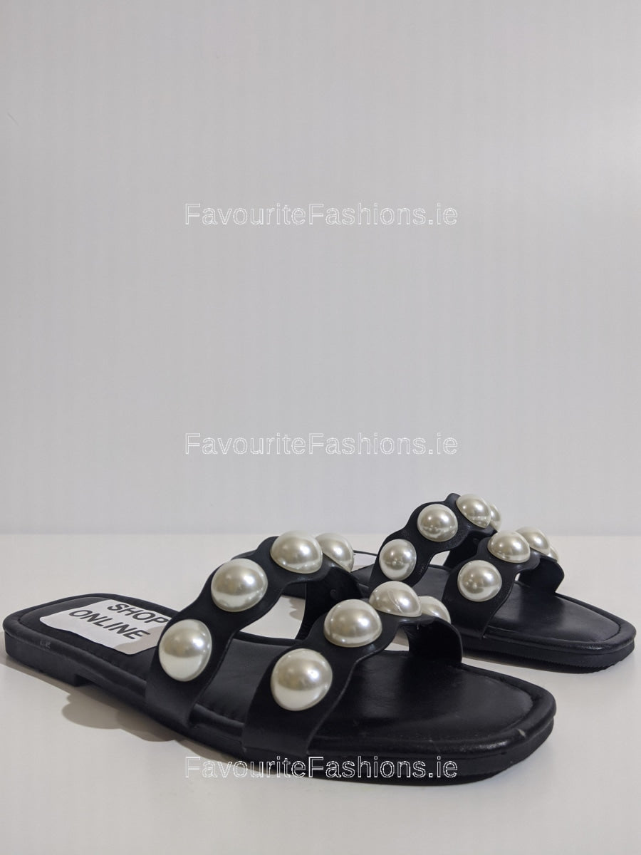 Black Pearl Embellished Flat Mule Sandals