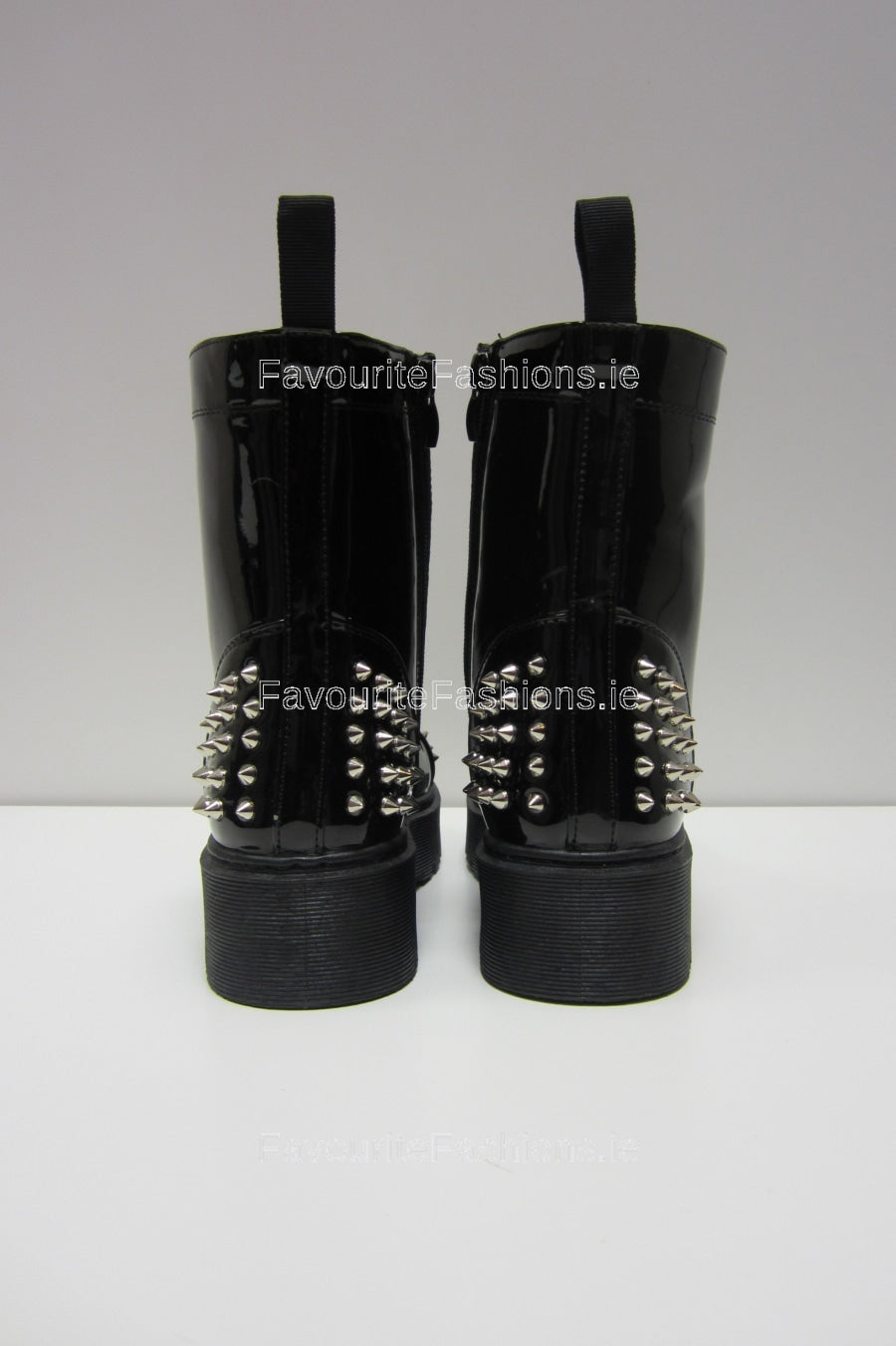 Black Spike Patent Platform Laced-Up Boots