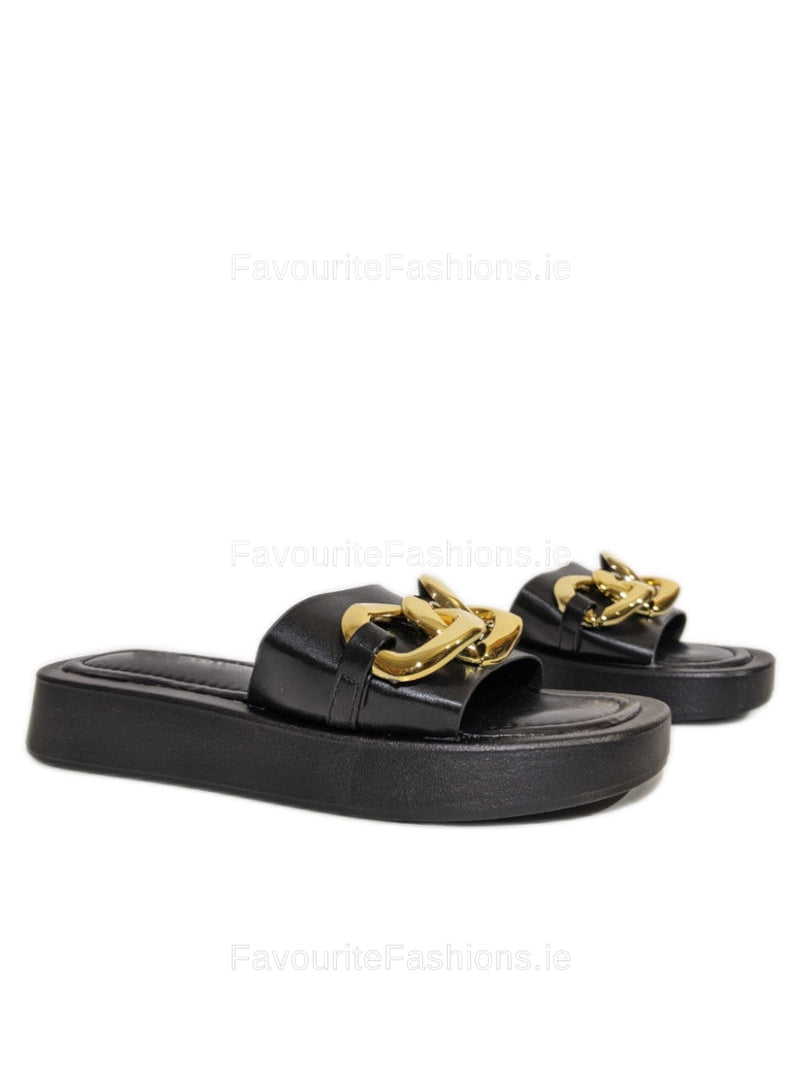 Black Thick Sole Platform Sliders with Gold Buckle 