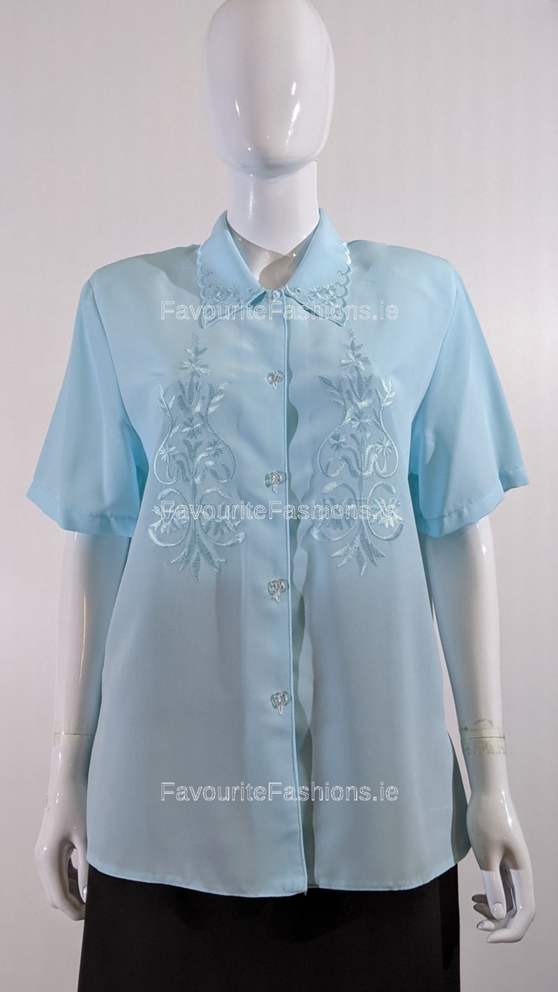 Blue Collar Button Up Short Sleeve Blouse