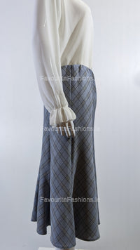 Blue Elasticated Lined A-Line Diamond Checked Skirt