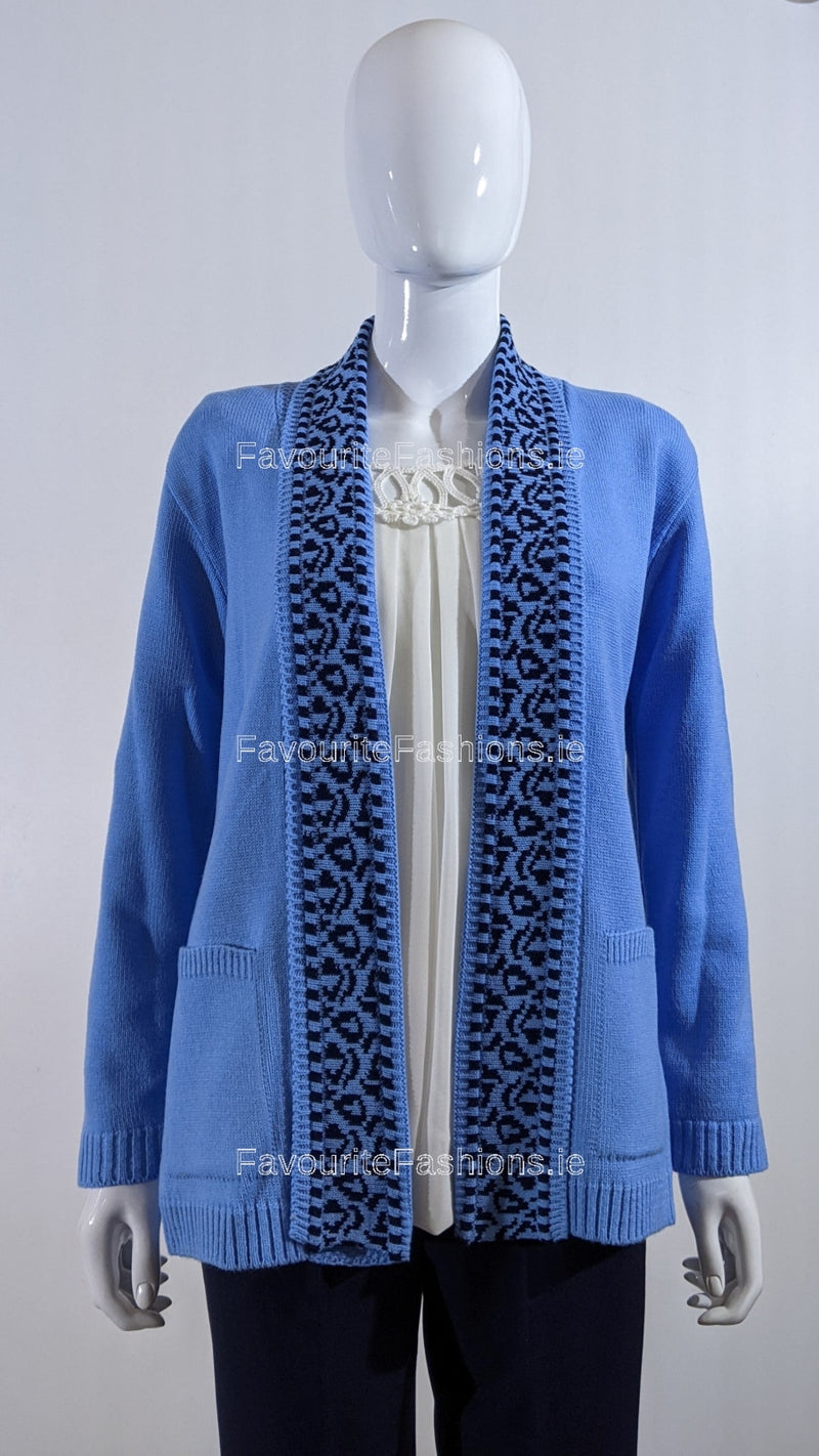Blue Pattern Open Cardigan with Pockets