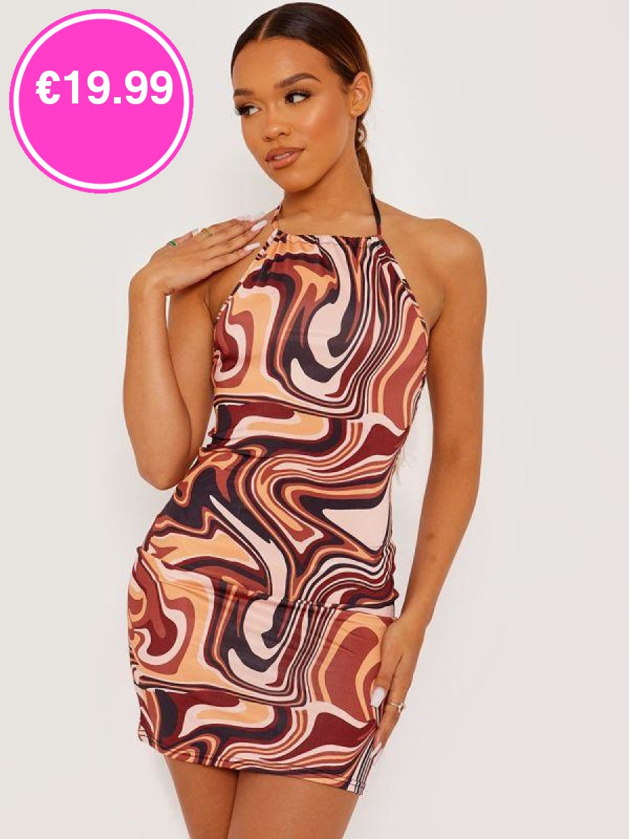 Brown Halter Neck Marble Print Slinky Dress