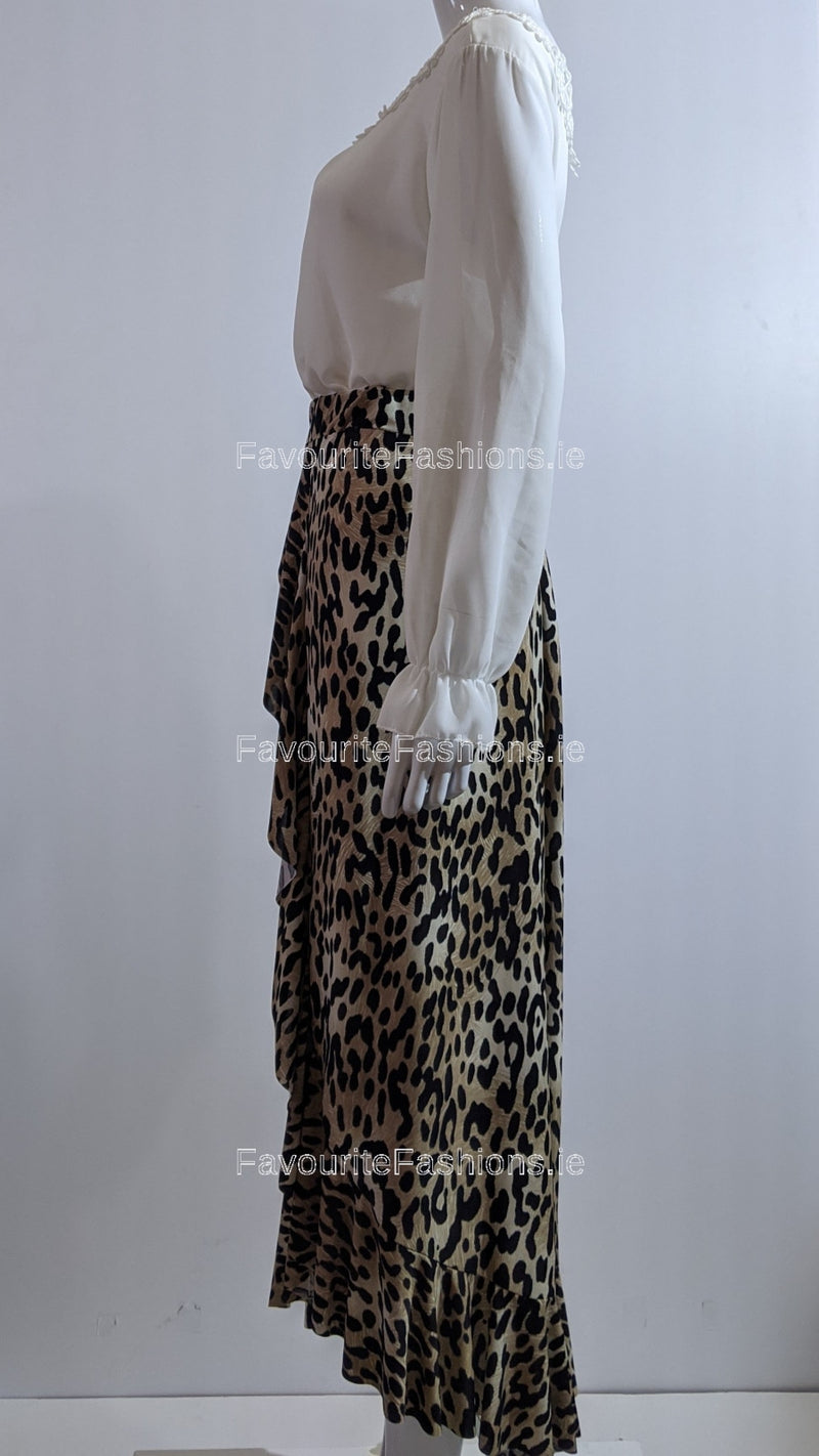 Brown Leopard Print Frill Design Skirt