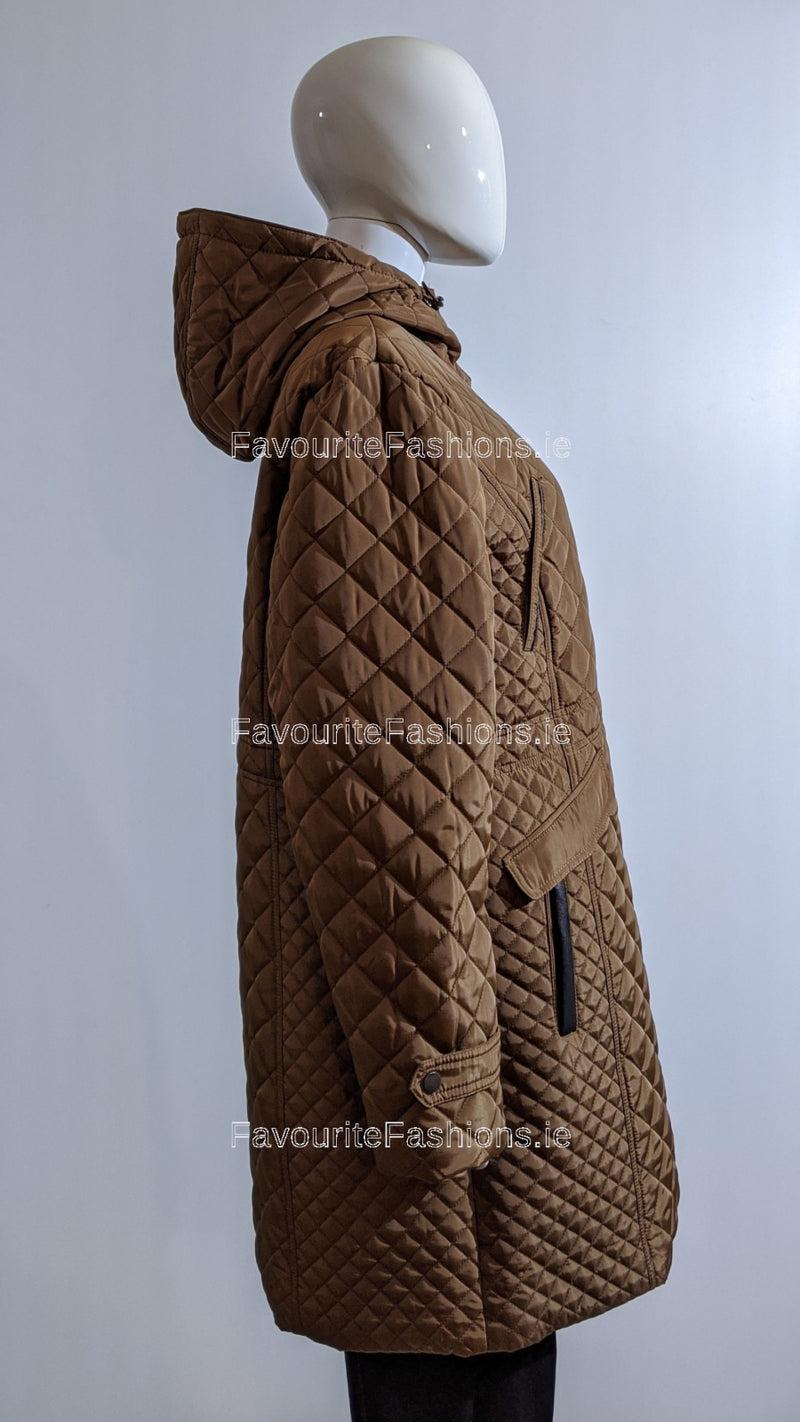 Brown Quilted Hooded Long Coat