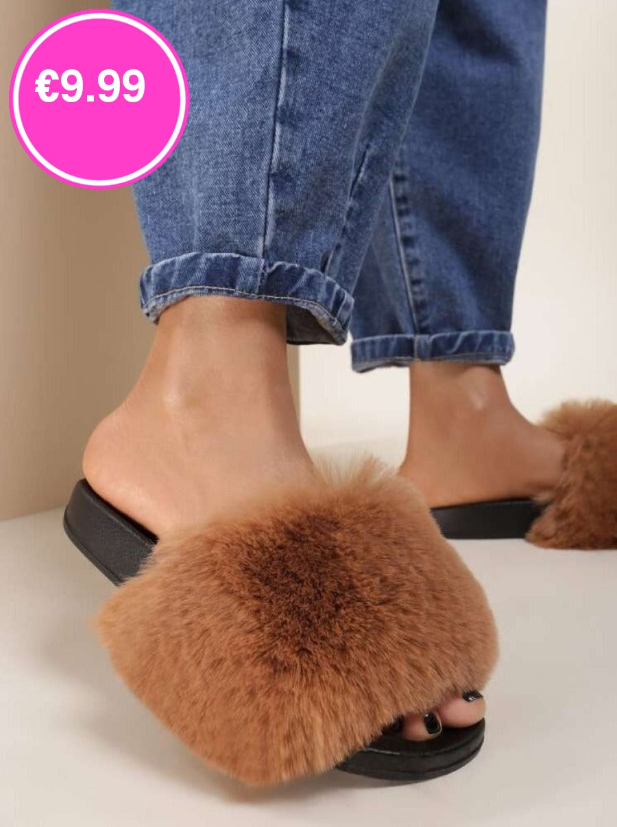 Camel Faux Fur Fluffy Sliders