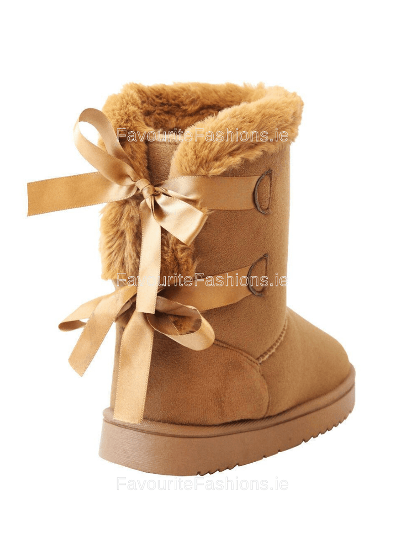 Camel Faux Suede Bow Detail Fur Lined Boots