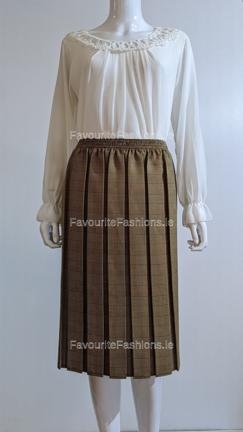 Camel Pleated Check Elasticated Skirt