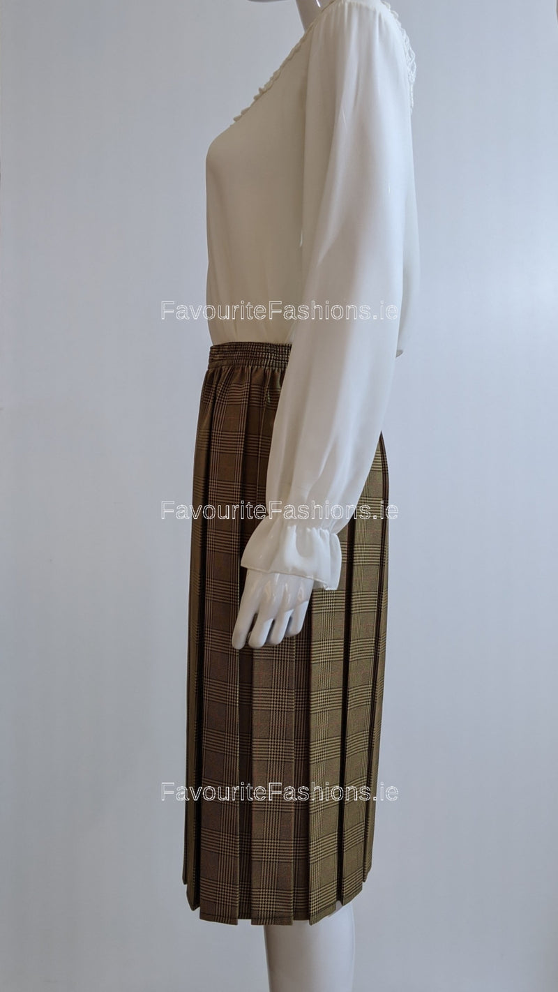 Camel Pleated Check Elasticated Skirt