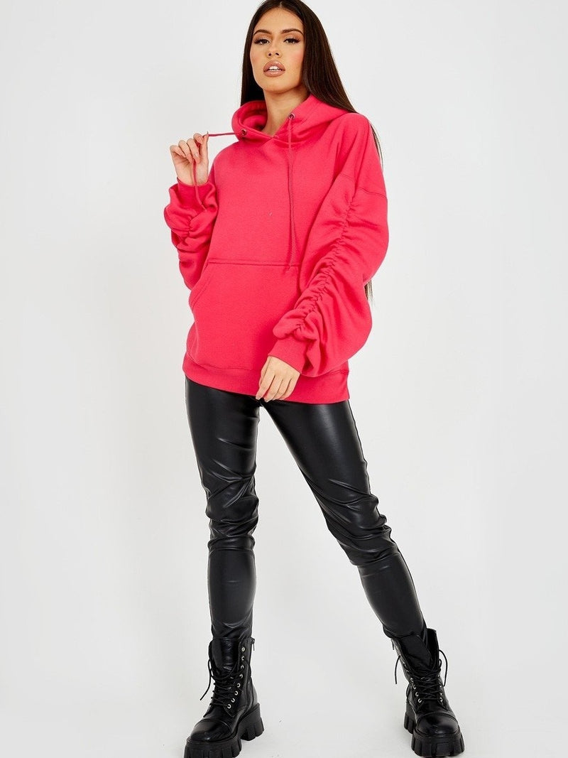 Cerise Pink Ruched Sleeves Fleeced Oversized Hoodie