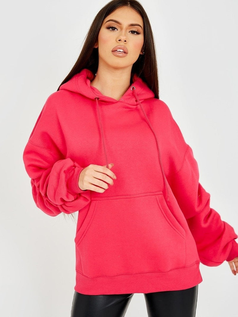 Cerise Pink Ruched Sleeves Fleeced Oversized Hoodie