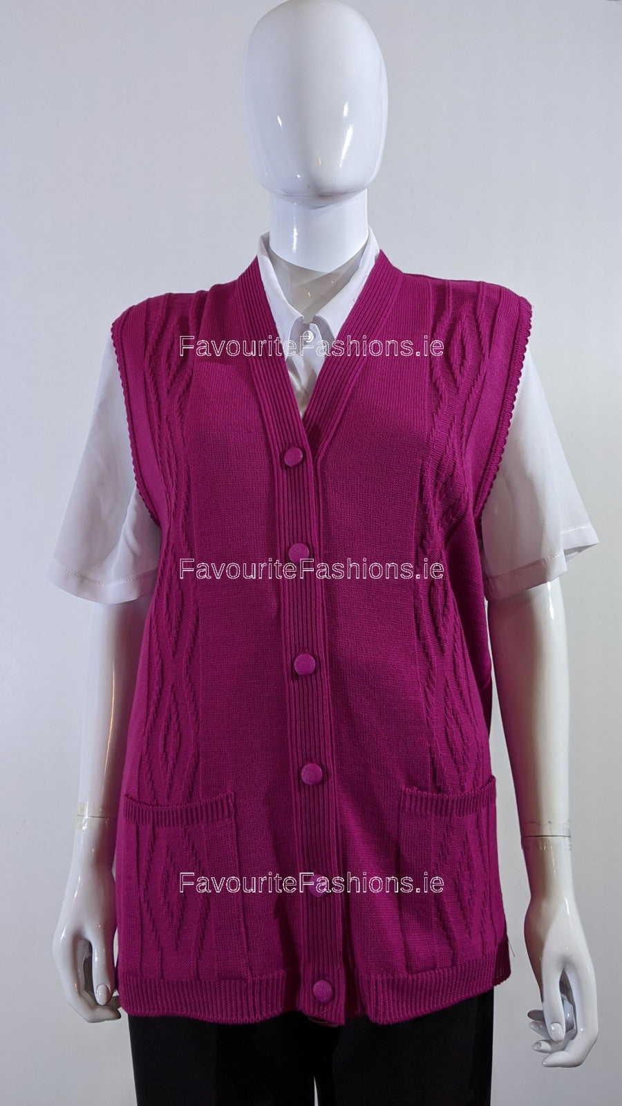 Fuchsia Button Up Knitted Waistcoat Cardigan with Pockets