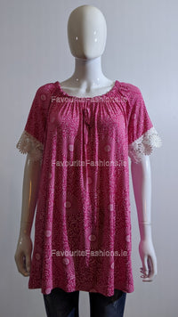 Fuchsia Printed Lace Detail Top