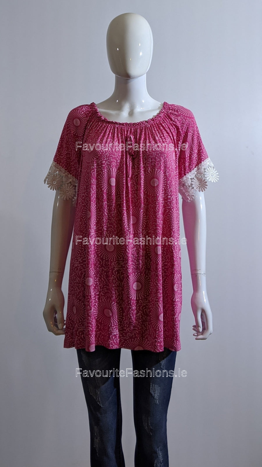 Fuchsia Printed Lace Detail Top