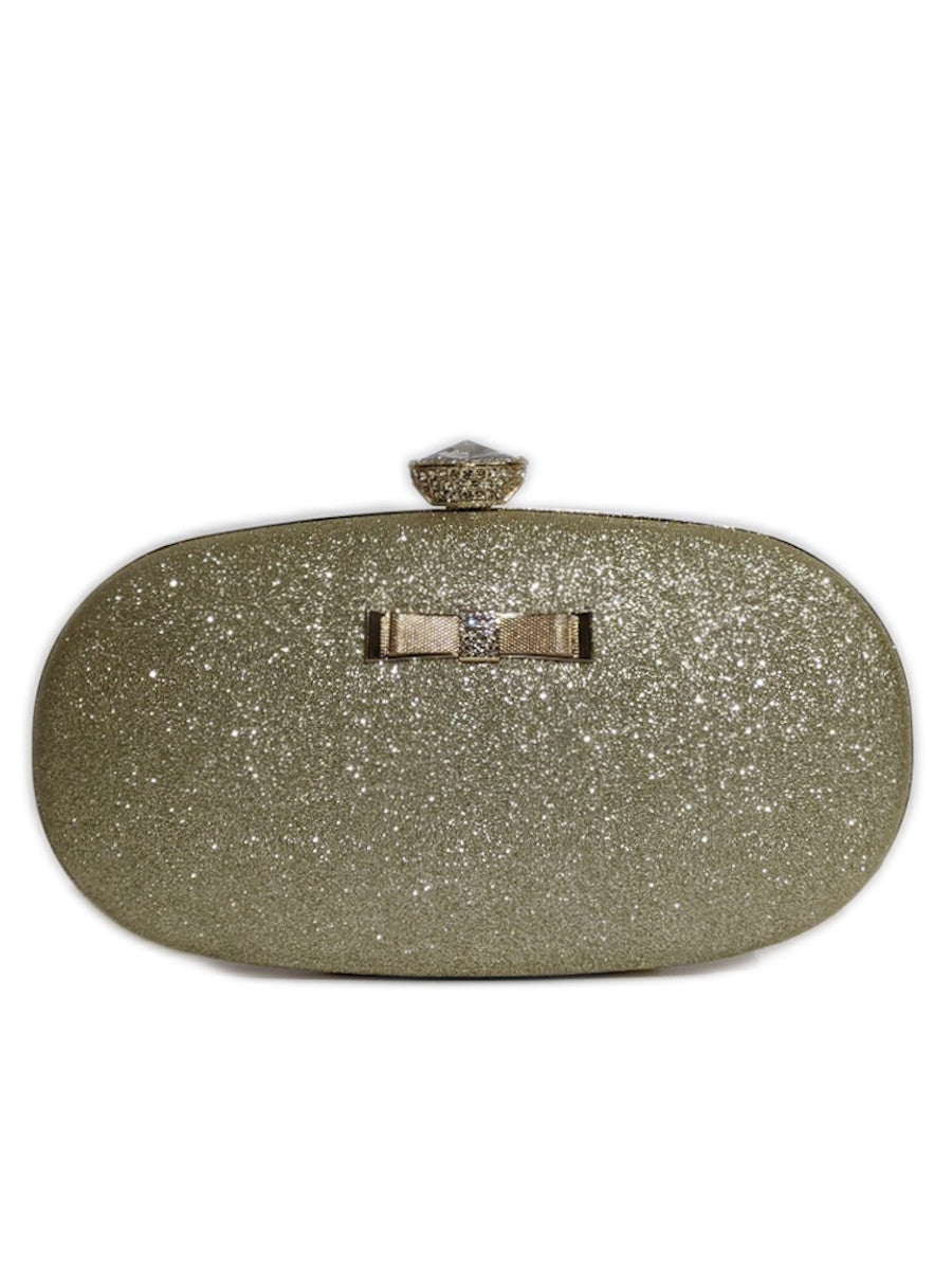 Gold Glitter Diamond Oval Clutch Bag with Gold Chain FavouriteFashions.ie